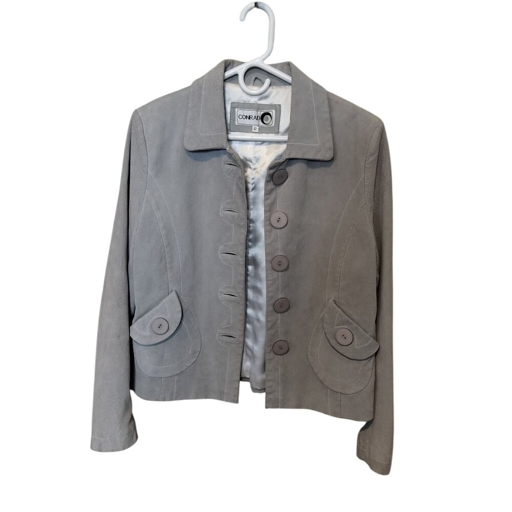 Grey blue suede short jacket, subtle details, Y2K dainty statement maker